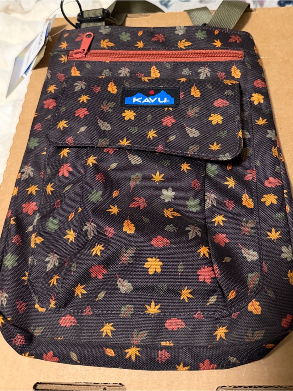 Kavu Kids Mini Shoulder Bag in Brown with Multicolor Fall Leaf Print